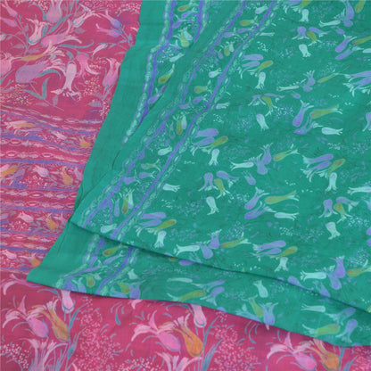 Sanskriti Vintage Sarees Green Pure Silk Printed Sari 5yd Craft Fabric