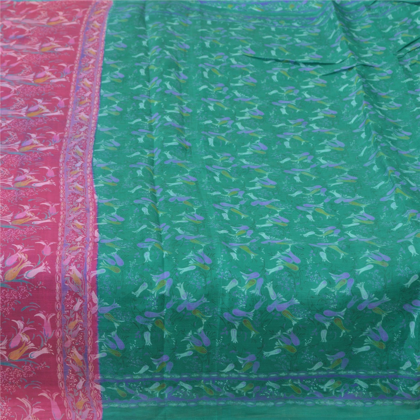 Sanskriti Vintage Sarees Green Pure Silk Printed Sari 5yd Craft Fabric