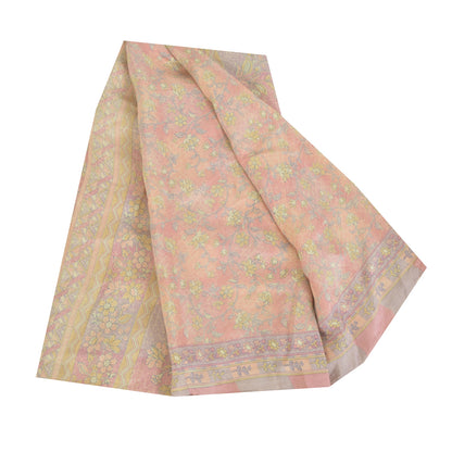 Sanskriti Vintage Sarees Indian Pink Pure Silk Printed Sari Floral Craft Fabric