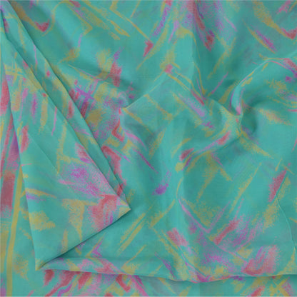 Sanskriti Vintage Sarees Green/Pink Blend Chiffon Printed Sari 5yd Craft Fabric