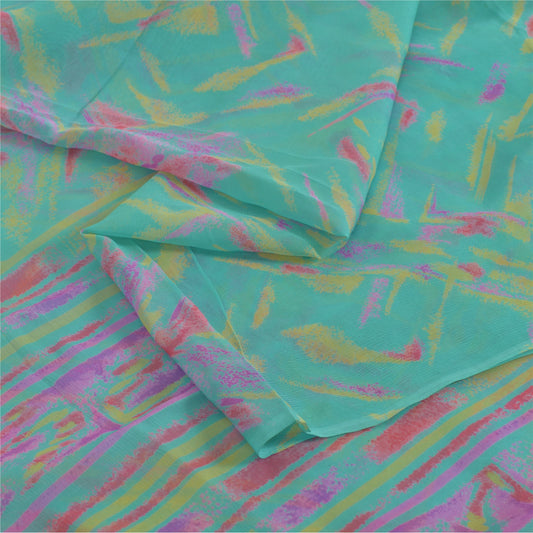 Sanskriti Vintage Sarees Green/Pink Blend Chiffon Printed Sari 5yd Craft Fabric