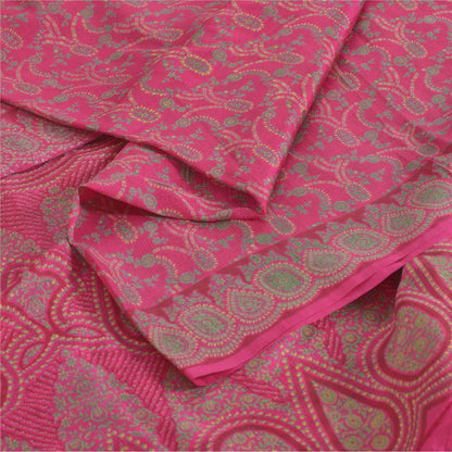 Sanskriti Vintage Sarees Hot-Pink Pure Silk Printed Sari 5yd Craft Fabric