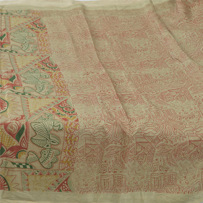 Sanskriti Vintage Sarees Ivory Indian Pure Silk Printed Sari 6yd Craft Fabric