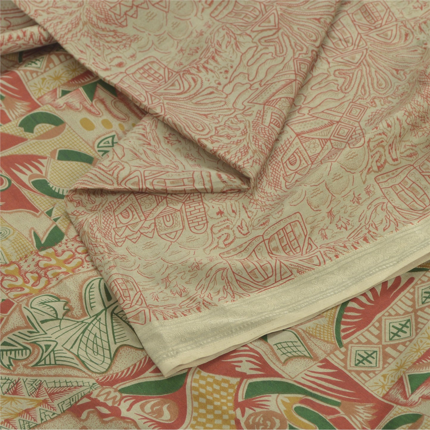 Sanskriti Vintage Sarees Ivory Indian Pure Silk Printed Sari 6yd Craft Fabric