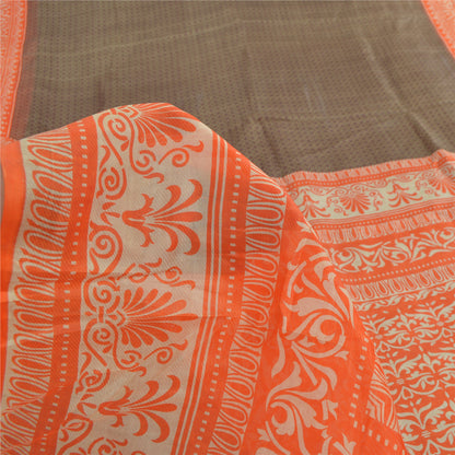 Sanskriti Vintage Sarees Gray/Orange Pure Silk Printed Sari 6yd Craft Fabric