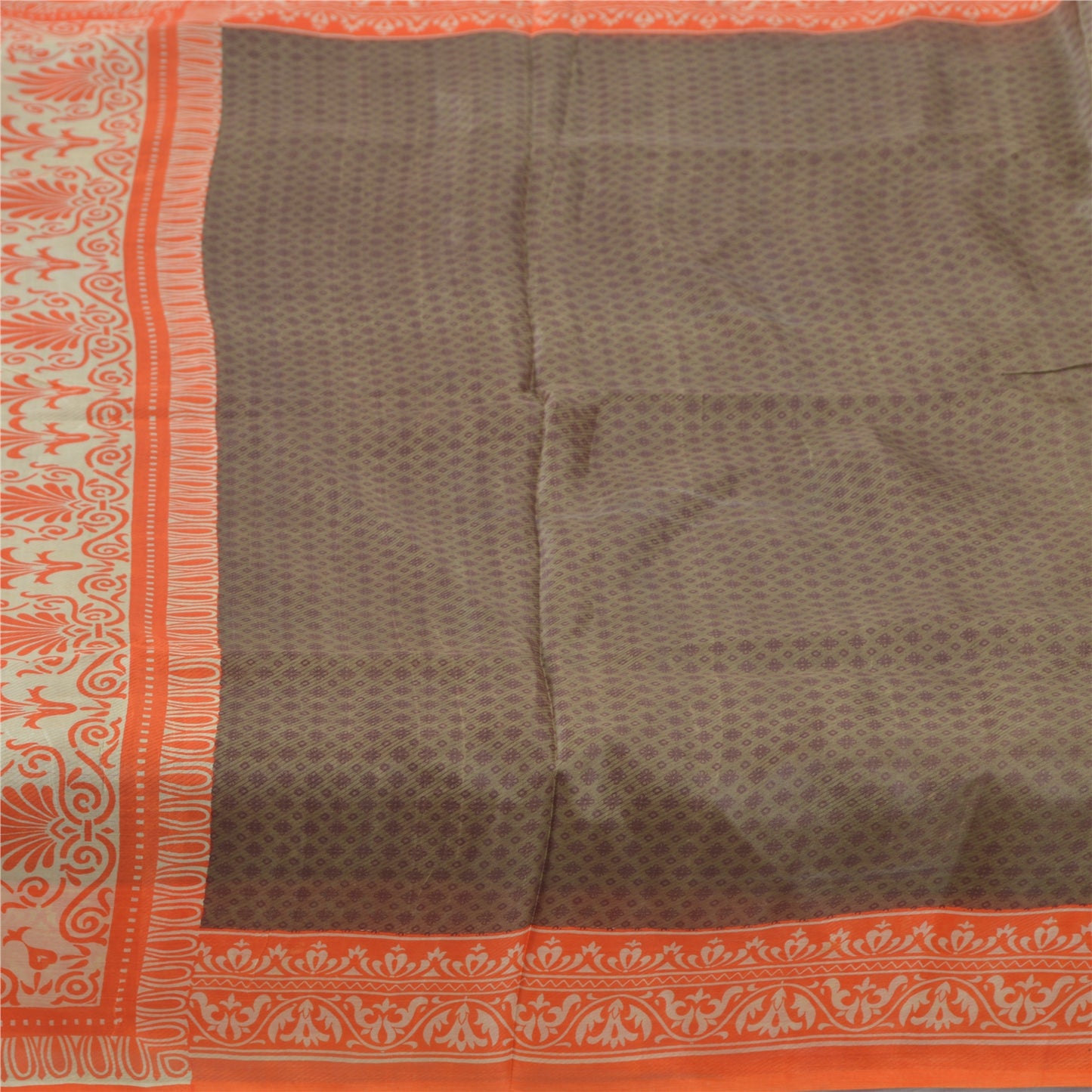 Sanskriti Vintage Sarees Gray/Orange Pure Silk Printed Sari 6yd Craft Fabric