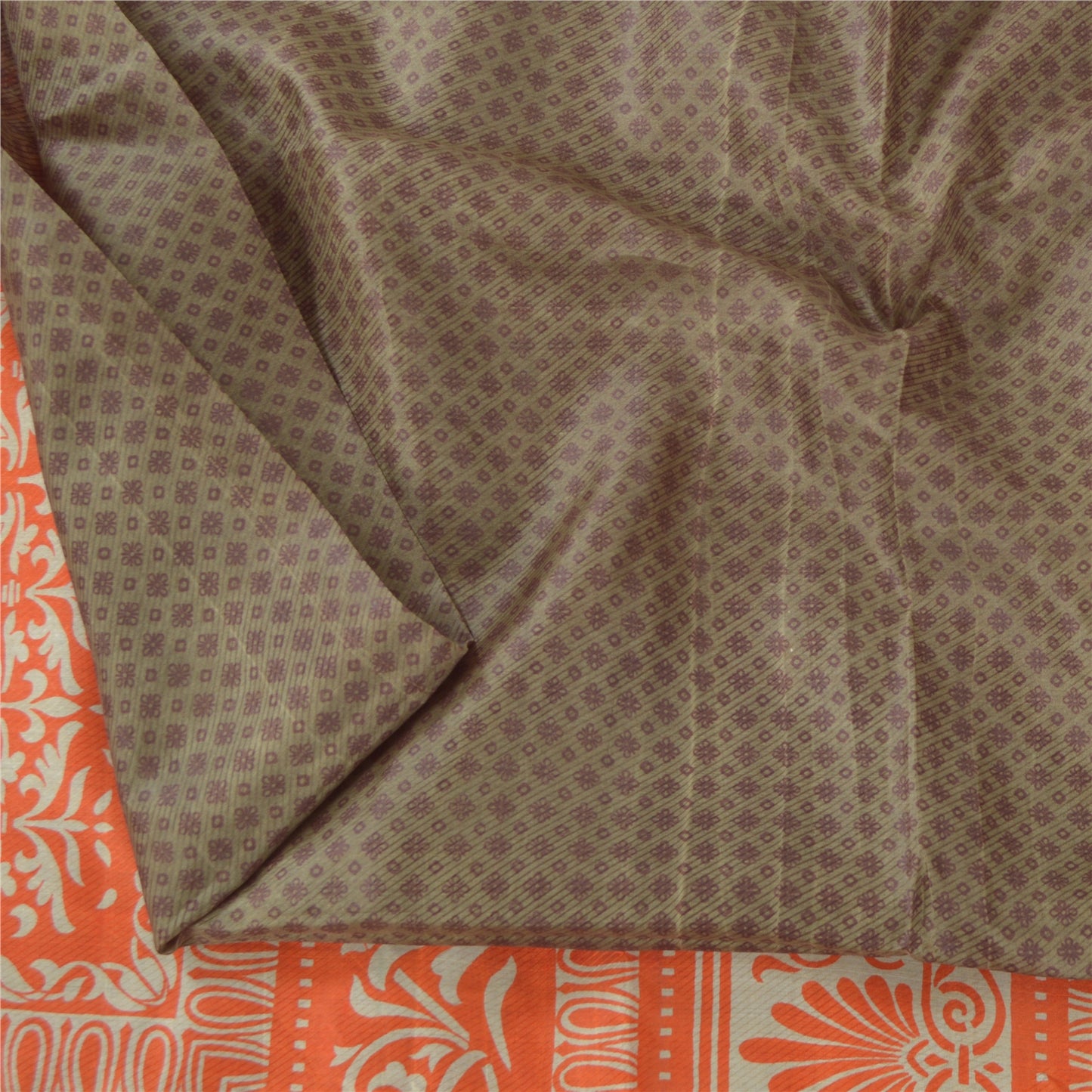 Sanskriti Vintage Sarees Gray/Orange Pure Silk Printed Sari 6yd Craft Fabric