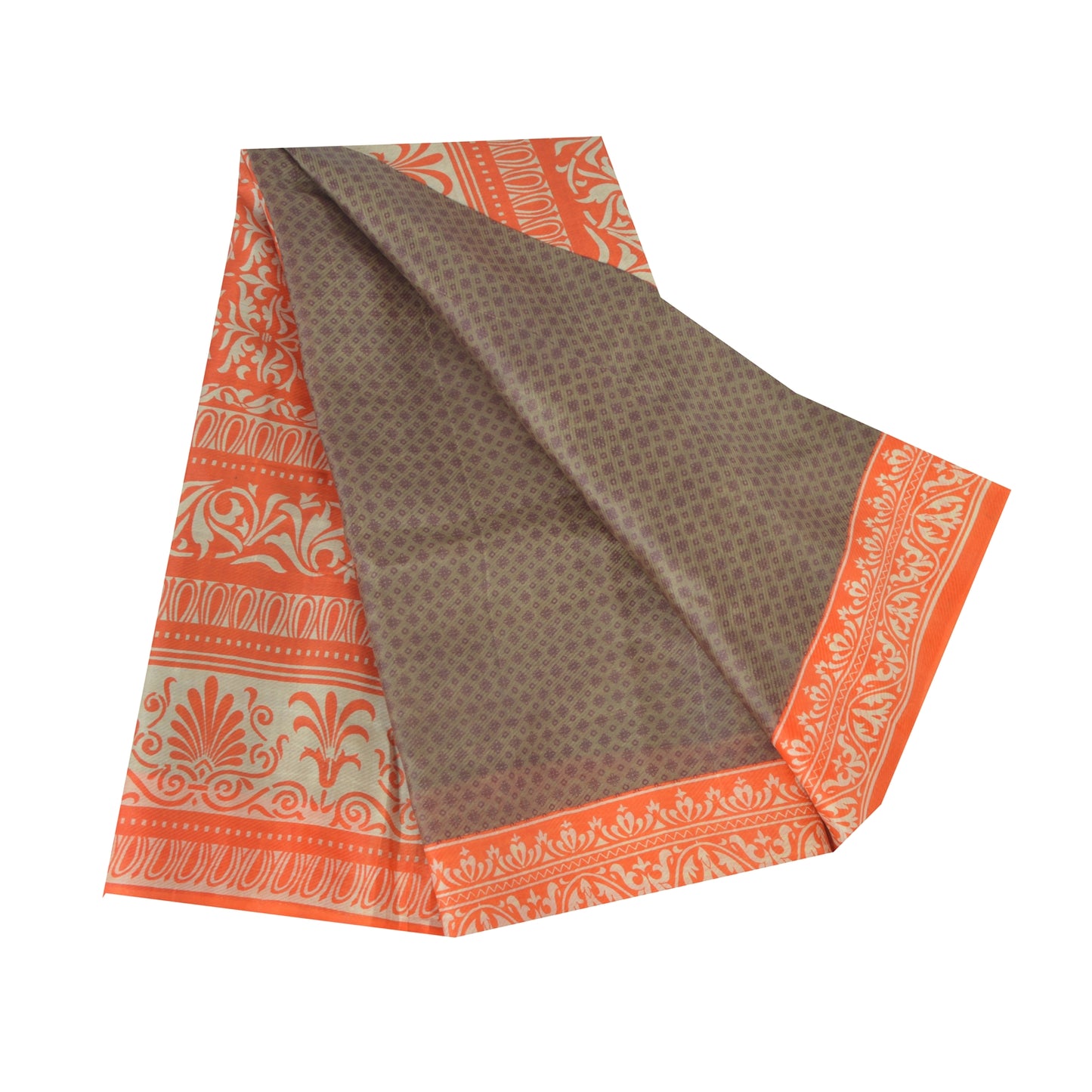 Sanskriti Vintage Sarees Gray/Orange Pure Silk Printed Sari 6yd Craft Fabric