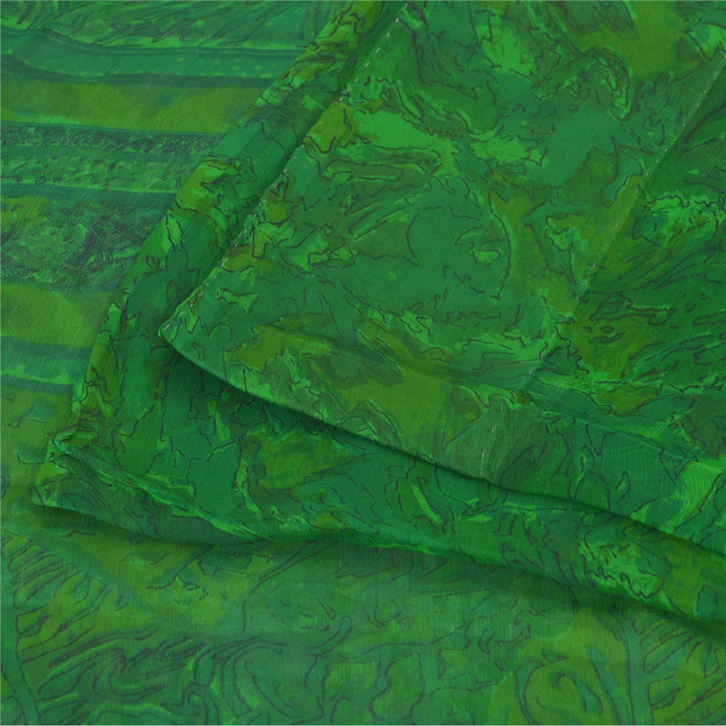 Sanskriti Vintage Sarees Green Blend Chiffon Printed Sari 5yd Soft Craft Fabric