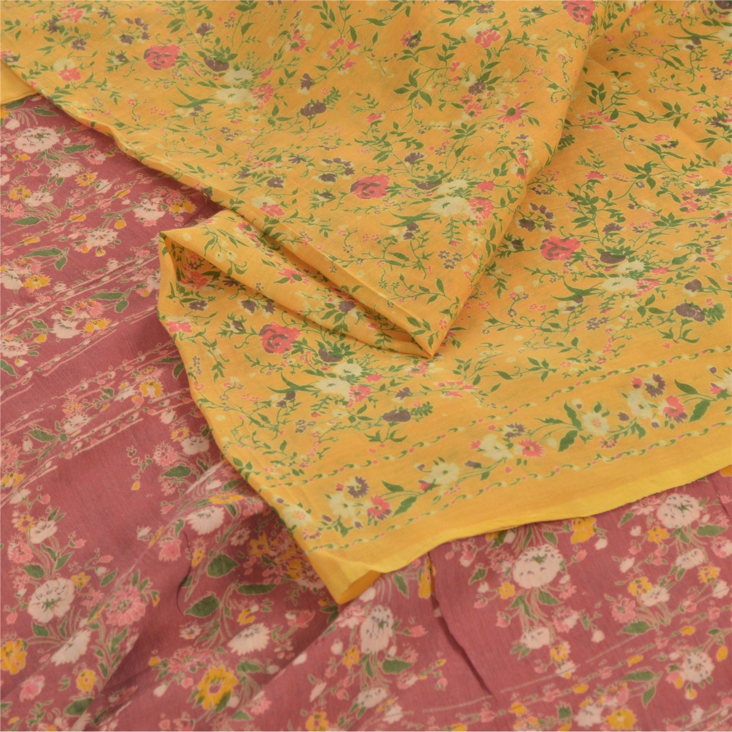 Sanskriti Vintage Sarees Yellow Indian Cotton Silk Printed Sari 5yd Craft Fabric