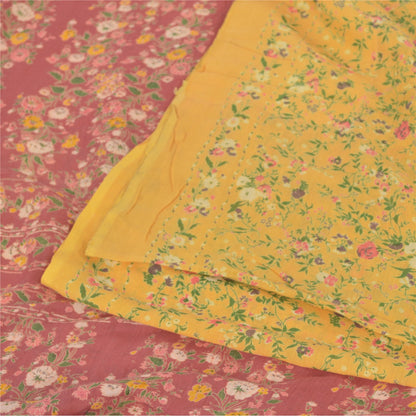 Sanskriti Vintage Sarees Yellow Indian Cotton Silk Printed Sari 5yd Craft Fabric