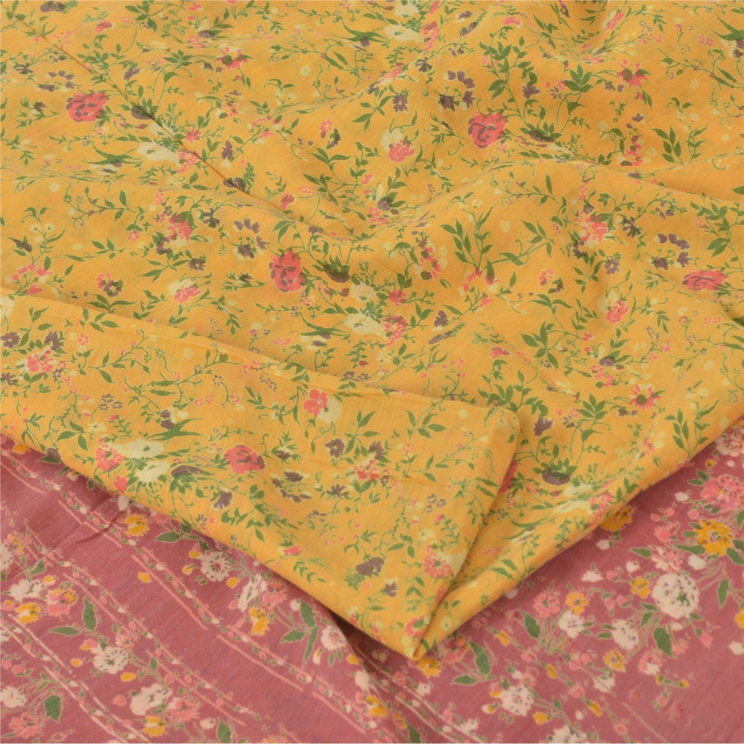 Sanskriti Vintage Sarees Yellow Indian Cotton Silk Printed Sari 5yd Craft Fabric