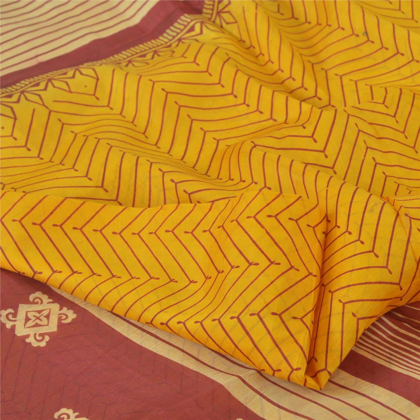 Sanskriti Vintage Sarees Indian Yellow Pure Silk Printed Sari 5yd Craft Fabric