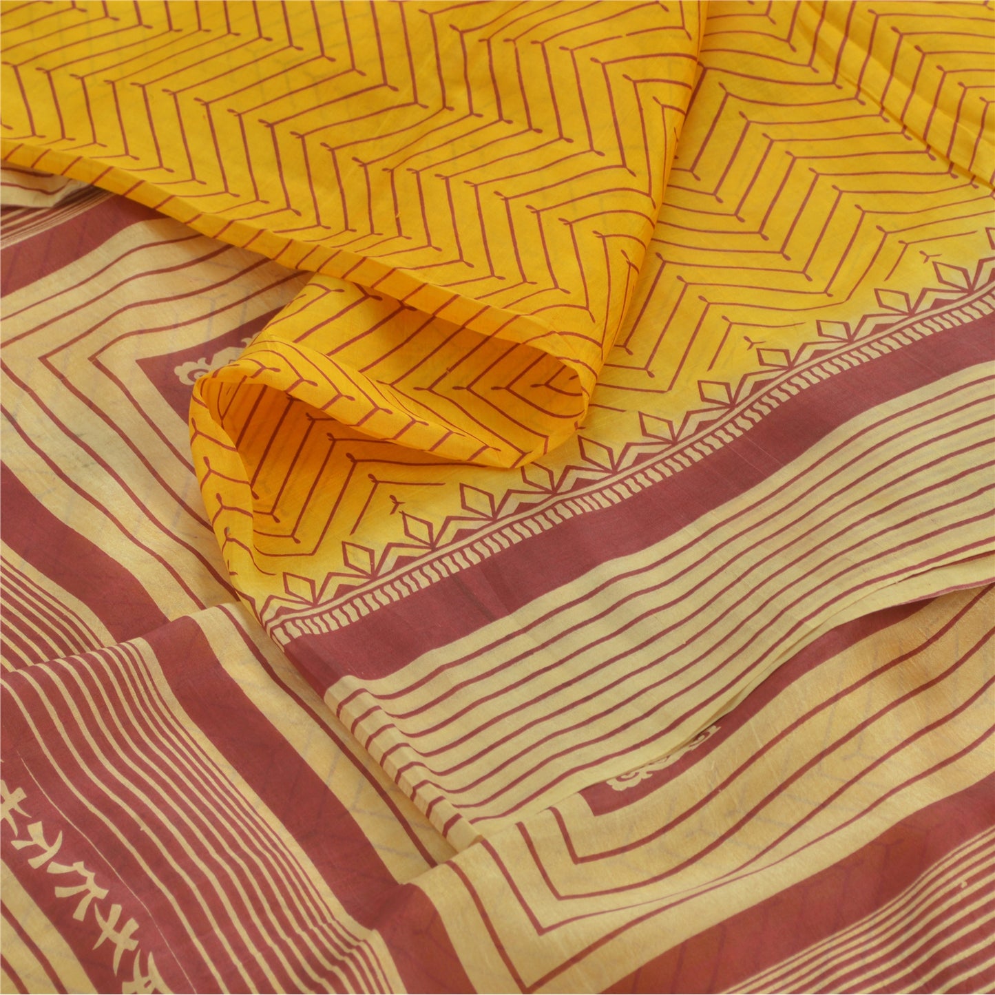 Sanskriti Vintage Sarees Indian Yellow Pure Silk Printed Sari 5yd Craft Fabric