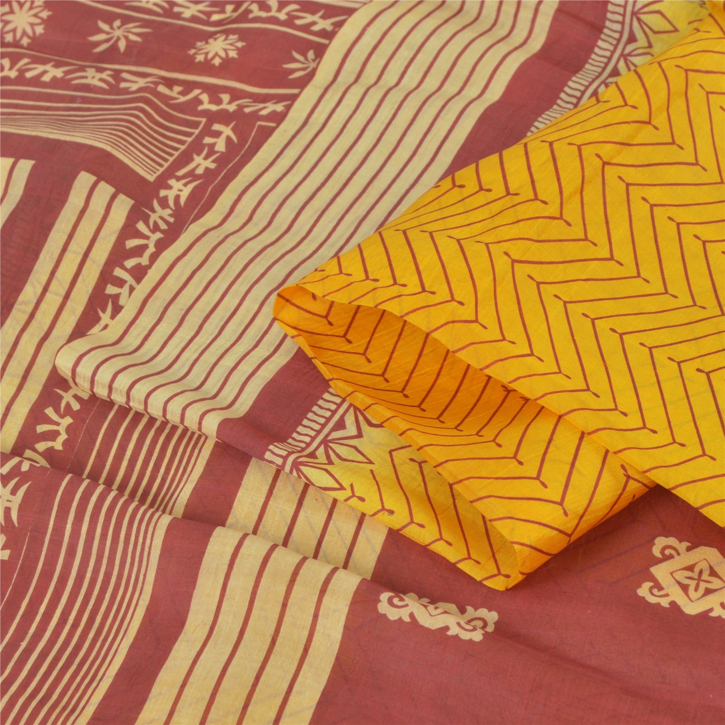 Sanskriti Vintage Sarees Indian Yellow Pure Silk Printed Sari 5yd Craft Fabric