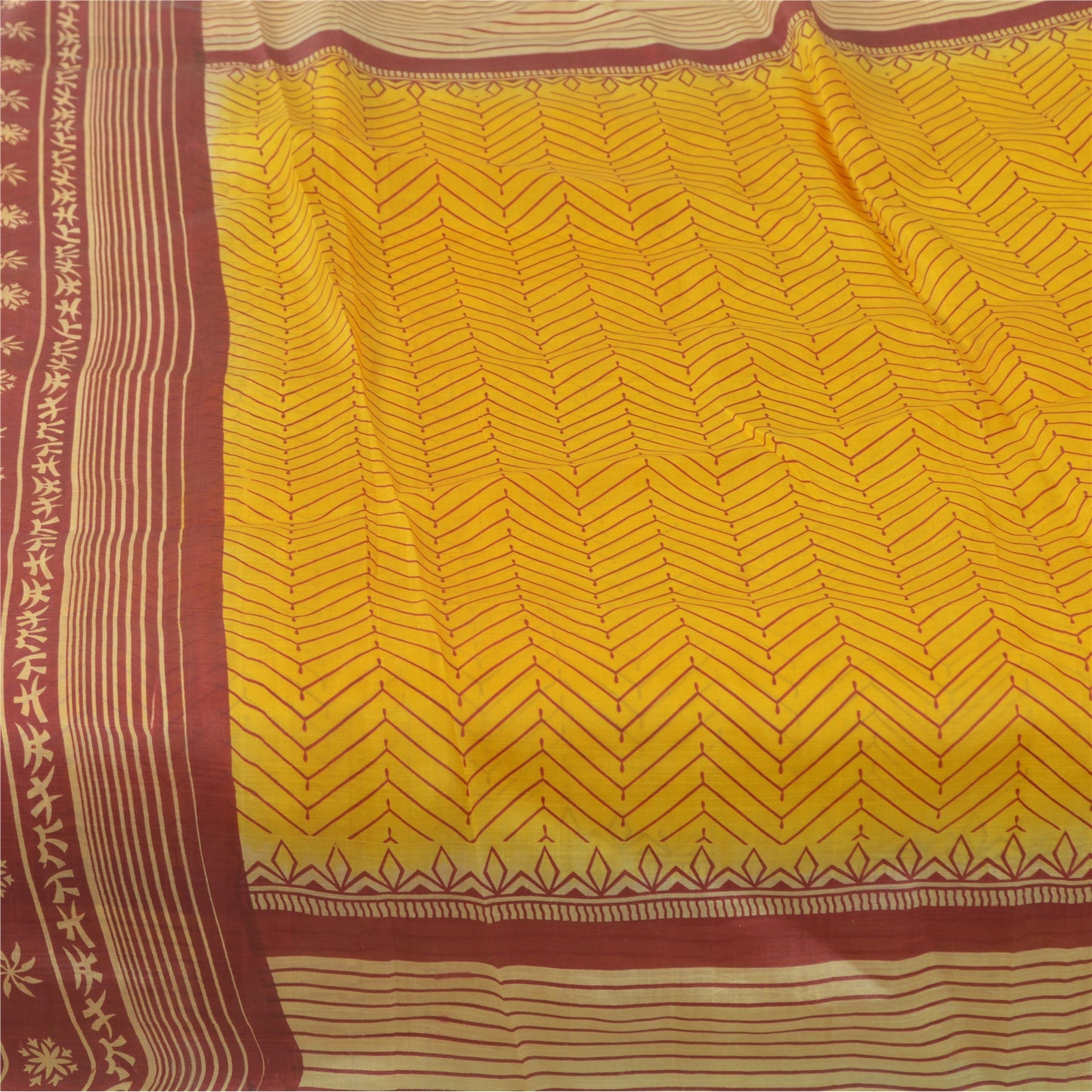 Sanskriti Vintage Sarees Indian Yellow Pure Silk Printed Sari 5yd Craft Fabric