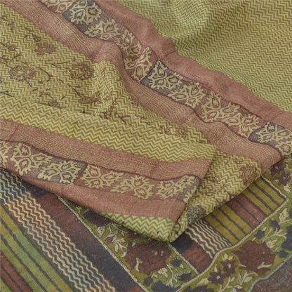 Sanskriti Vintage Sarees Olive Green Pure Silk Printed Sari Floral Craft Fabric