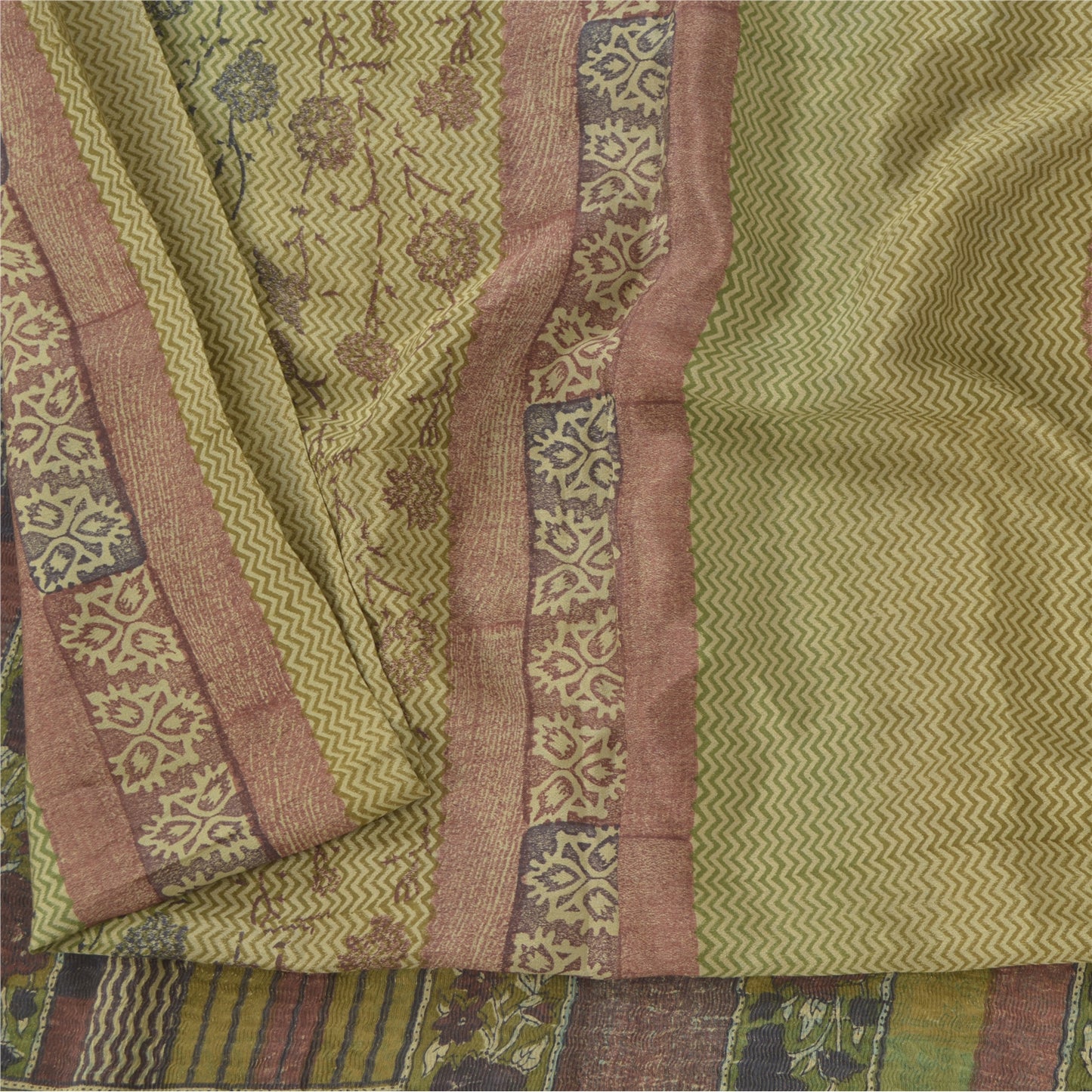 Sanskriti Vintage Sarees Olive Green Pure Silk Printed Sari Floral Craft Fabric