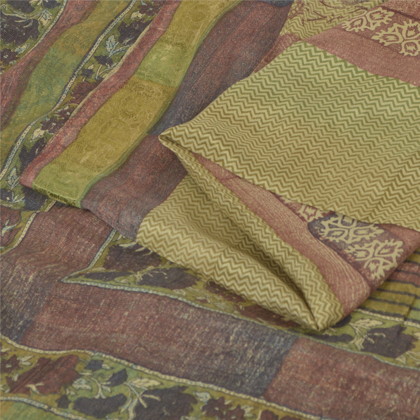 Sanskriti Vintage Sarees Olive Green Pure Silk Printed Sari Floral Craft Fabric