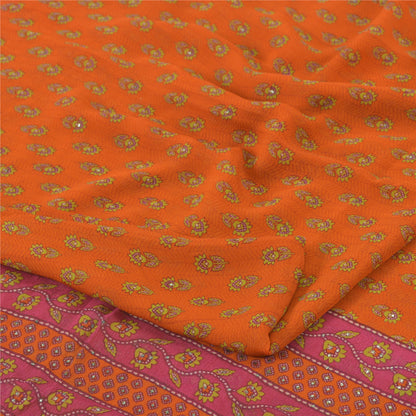 Sanskriti Vintage Sarees Orange/Pink Pure Chiffon Silk Printed Sari Craft Fabric