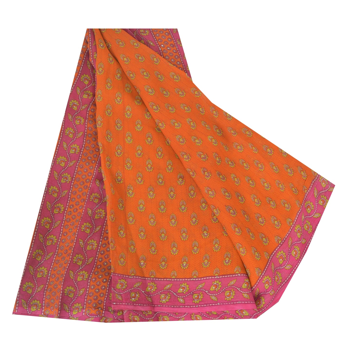 Sanskriti Vintage Sarees Orange/Pink Pure Chiffon Silk Printed Sari Craft Fabric