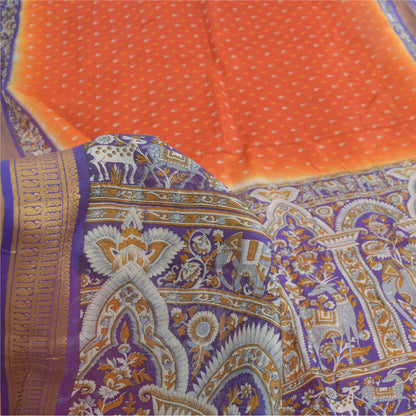 Sanskriti Vintage Sarees Orange/Purple Pure Silk Animal Printed Sari Fabric