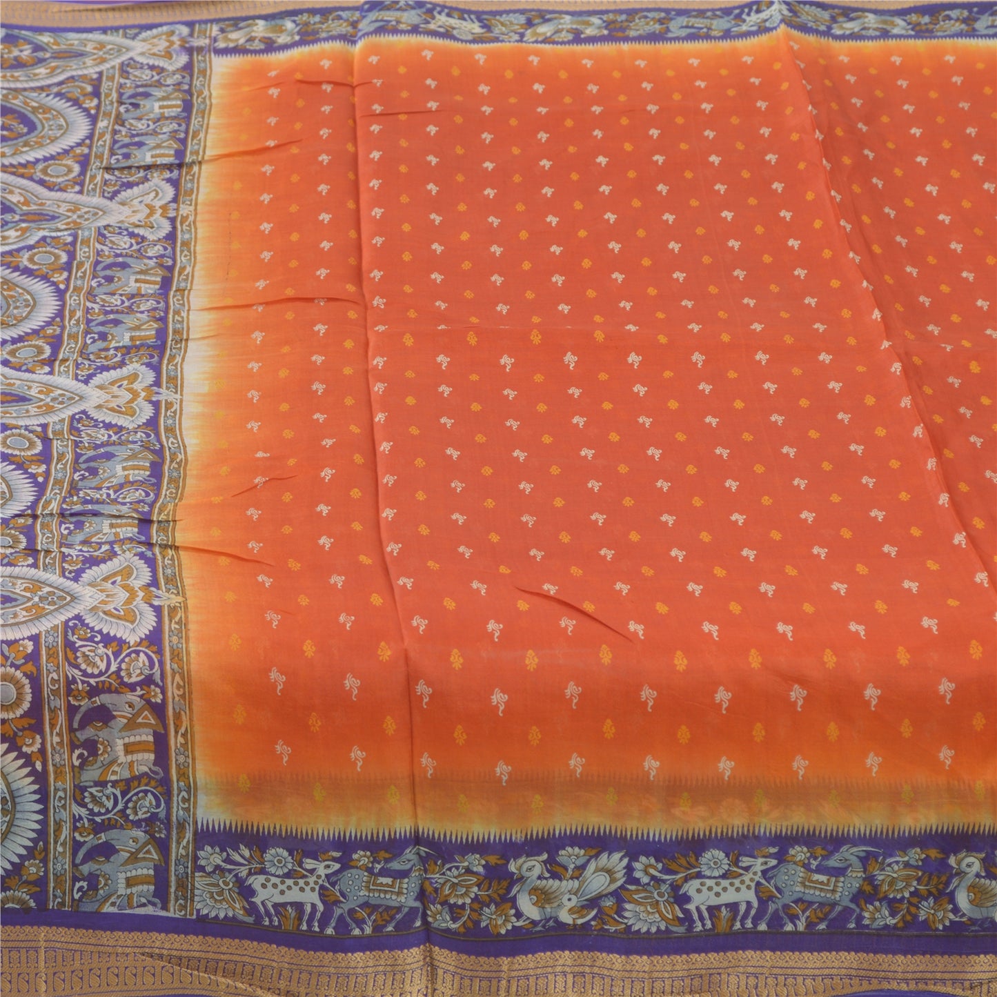 Sanskriti Vintage Sarees Orange/Purple Pure Silk Animal Printed Sari Fabric