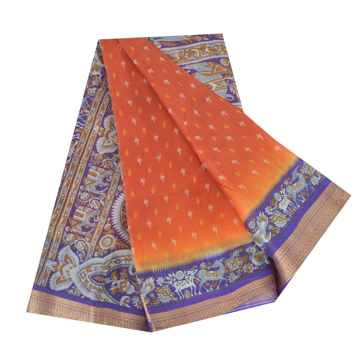 Sanskriti Vintage Sarees Orange/Purple Pure Silk Animal Printed Sari Fabric