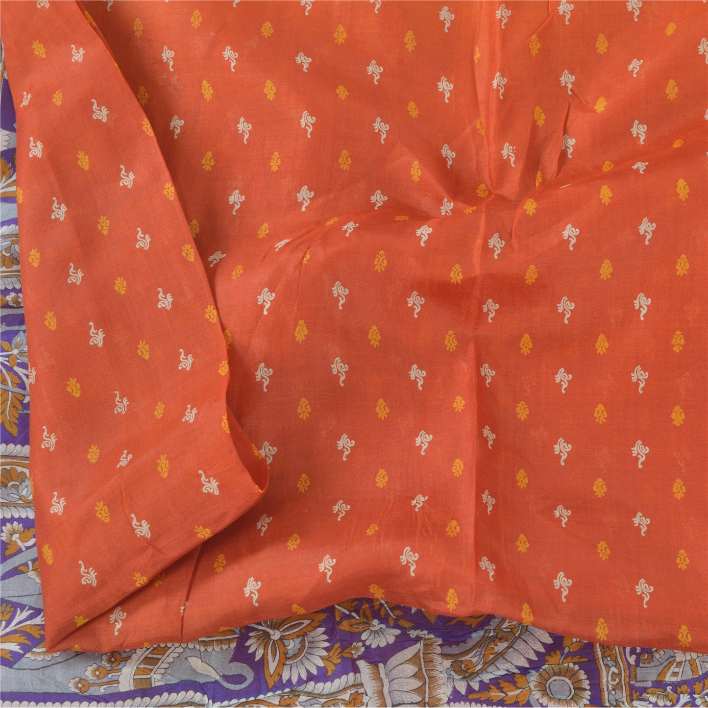 Sanskriti Vintage Sarees Orange/Purple Pure Silk Animal Printed Sari Fabric