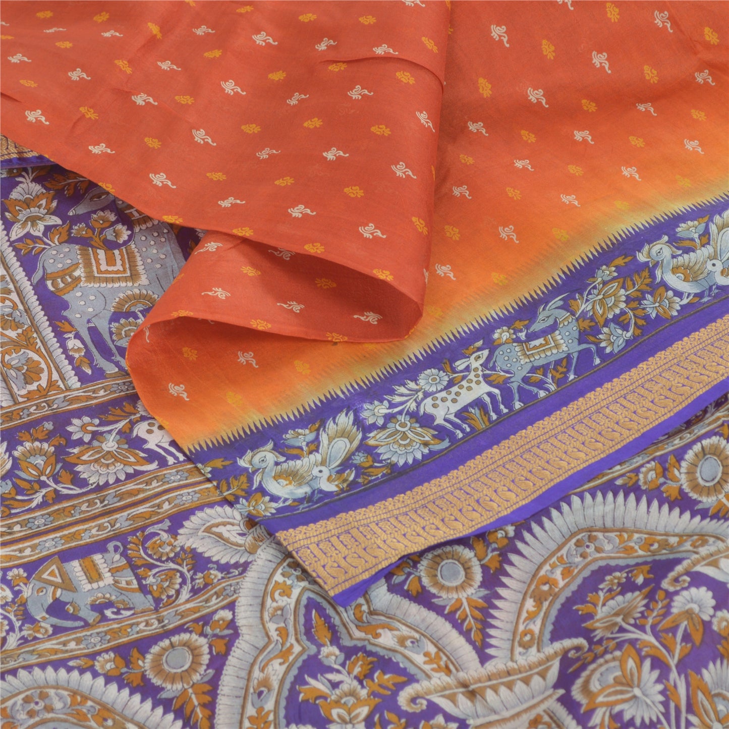 Sanskriti Vintage Sarees Orange/Purple Pure Silk Animal Printed Sari Fabric