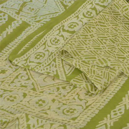 Sanskriti Vintage Sarees Green Indian Pure Silk Printed Sari 6 yard Craft Fabric