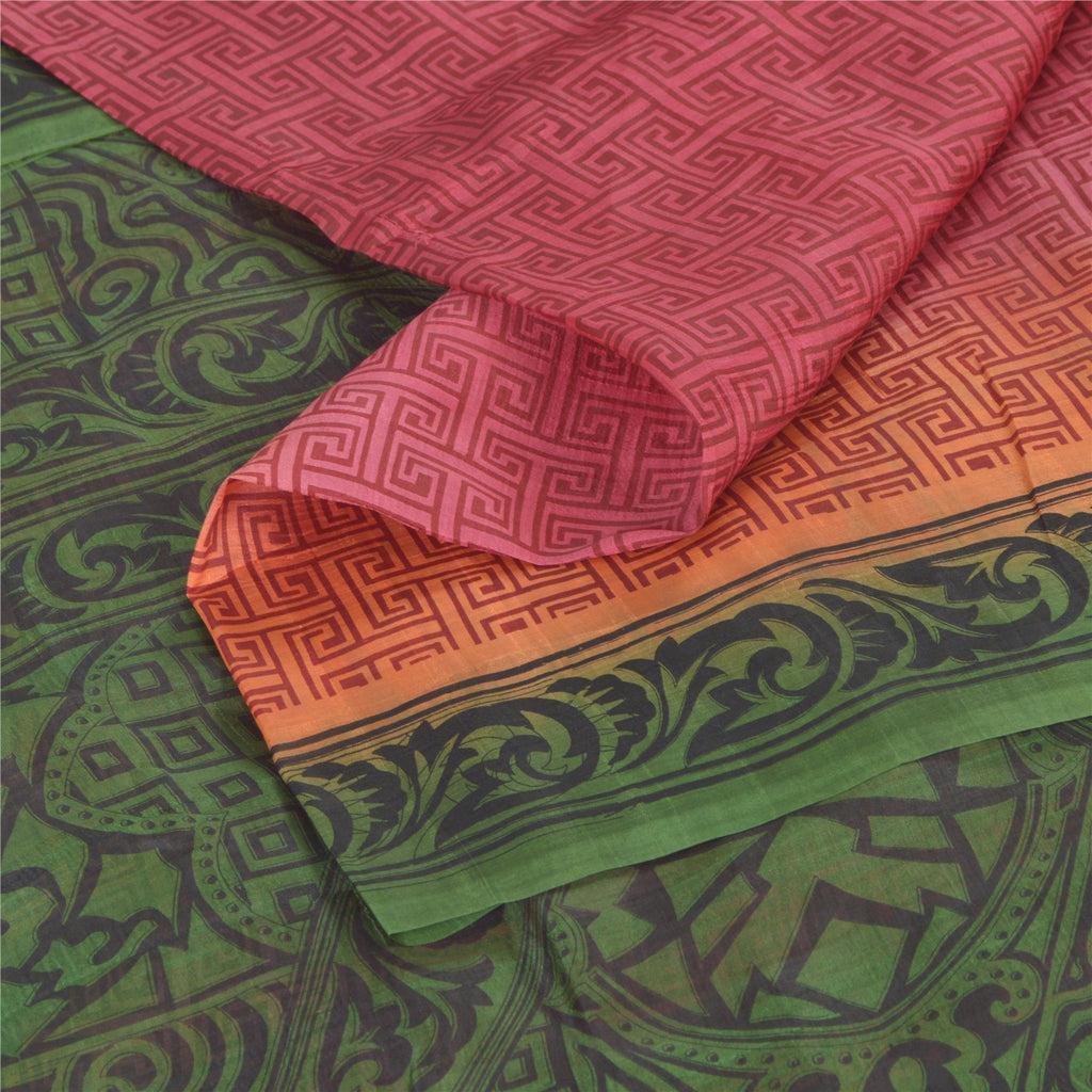 Sanskriti Vintage Sarees Pink/Green Pure Silk Printed Sari 5yd Soft Craft Fabric