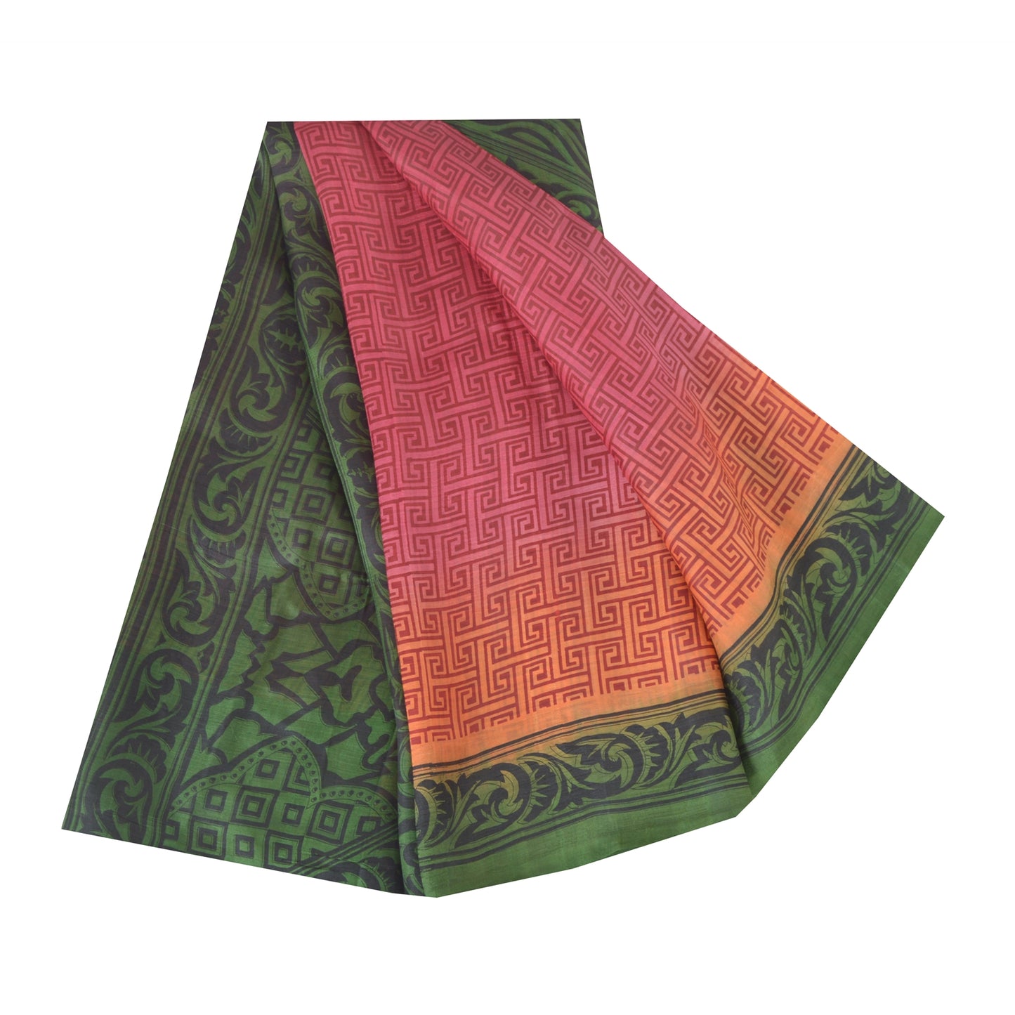 Sanskriti Vintage Sarees Pink/Green Pure Silk Printed Sari 5yd Soft Craft Fabric