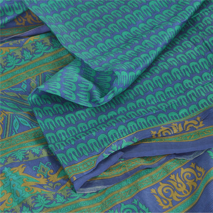 Sanskriti Vintage Sarees Blue/Green 100% Pure Silk Printed Sari 5yd Craft Fabric