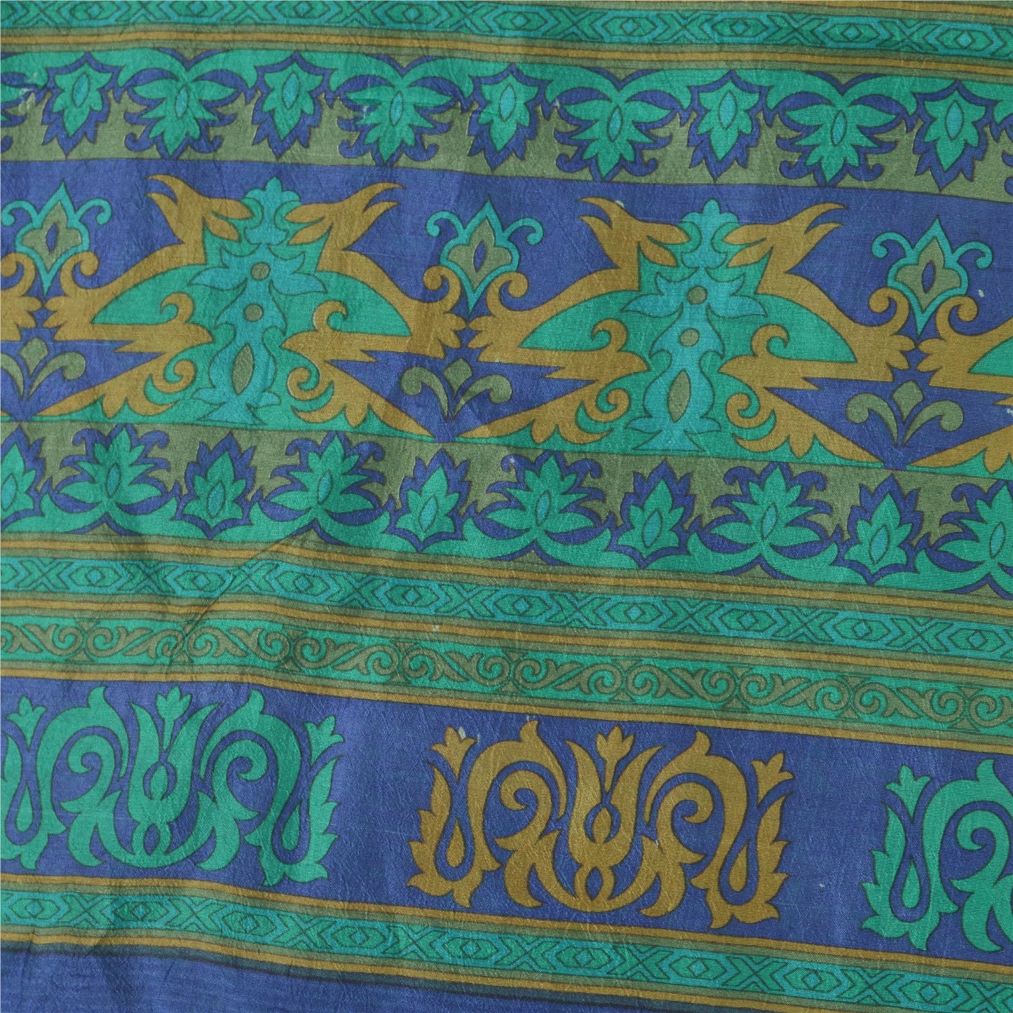 Sanskriti Vintage Sarees Blue/Green 100% Pure Silk Printed Sari 5yd Craft Fabric