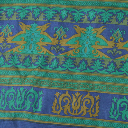 Sanskriti Vintage Sarees Blue/Green 100% Pure Silk Printed Sari 5yd Craft Fabric