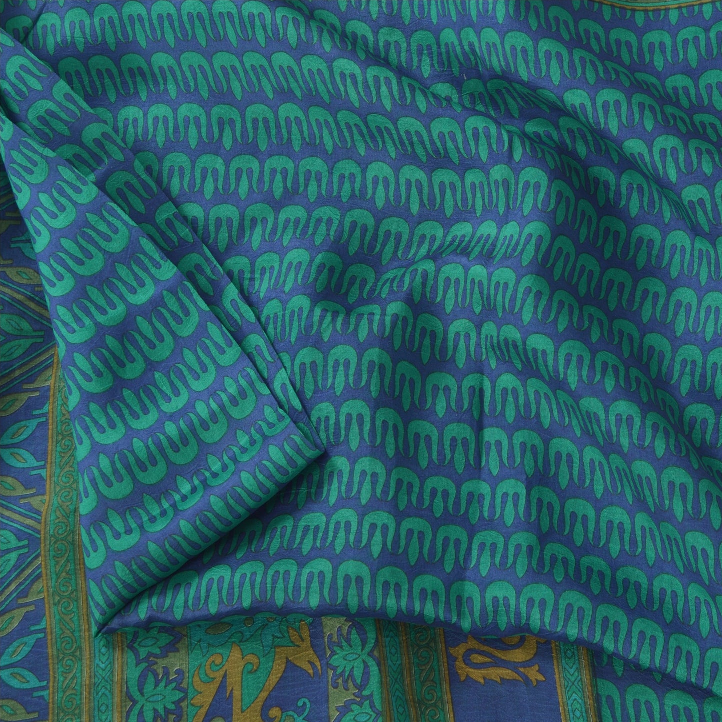 Sanskriti Vintage Sarees Blue/Green 100% Pure Silk Printed Sari 5yd Craft Fabric