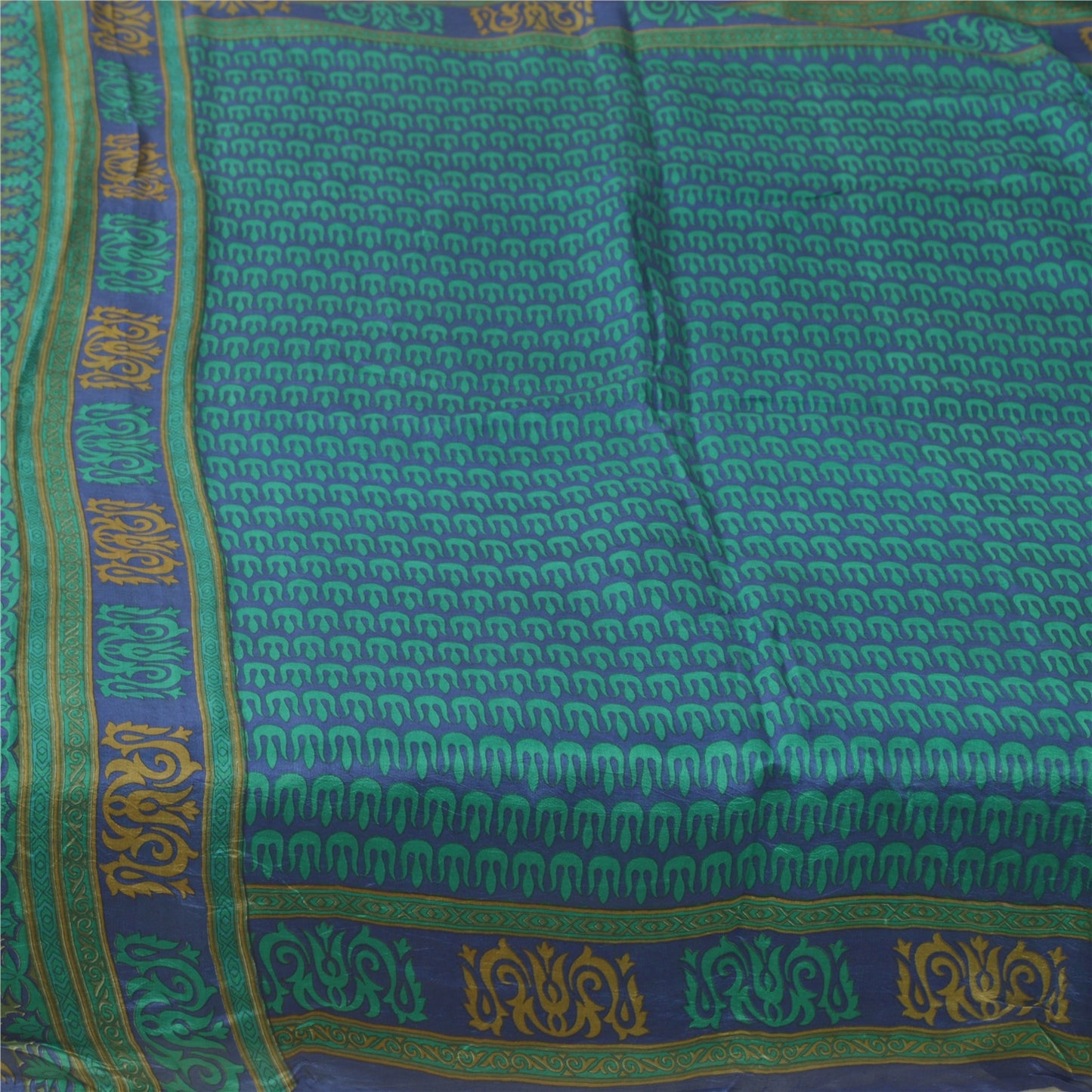 Sanskriti Vintage Sarees Blue/Green 100% Pure Silk Printed Sari 5yd Craft Fabric