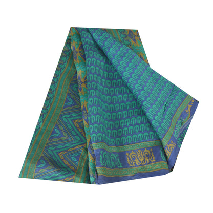 Sanskriti Vintage Sarees Blue/Green 100% Pure Silk Printed Sari 5yd Craft Fabric