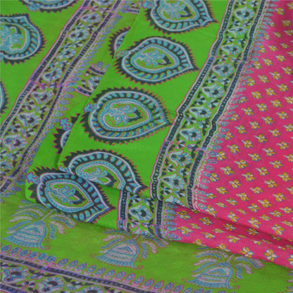 Sanskriti Vintage Sarees Pink/Green 100% Pure Silk Printed Sari 5yd Craft Fabric