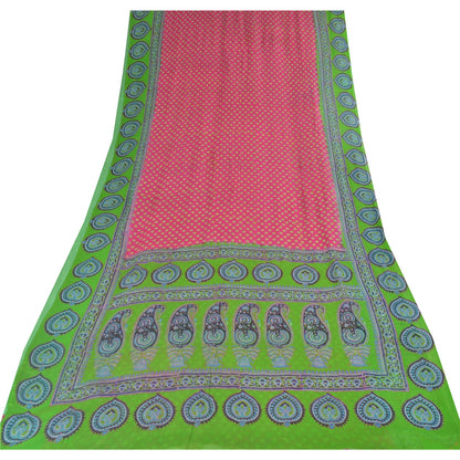 Sanskriti Vintage Sarees Pink/Green 100% Pure Silk Printed Sari 5yd Craft Fabric