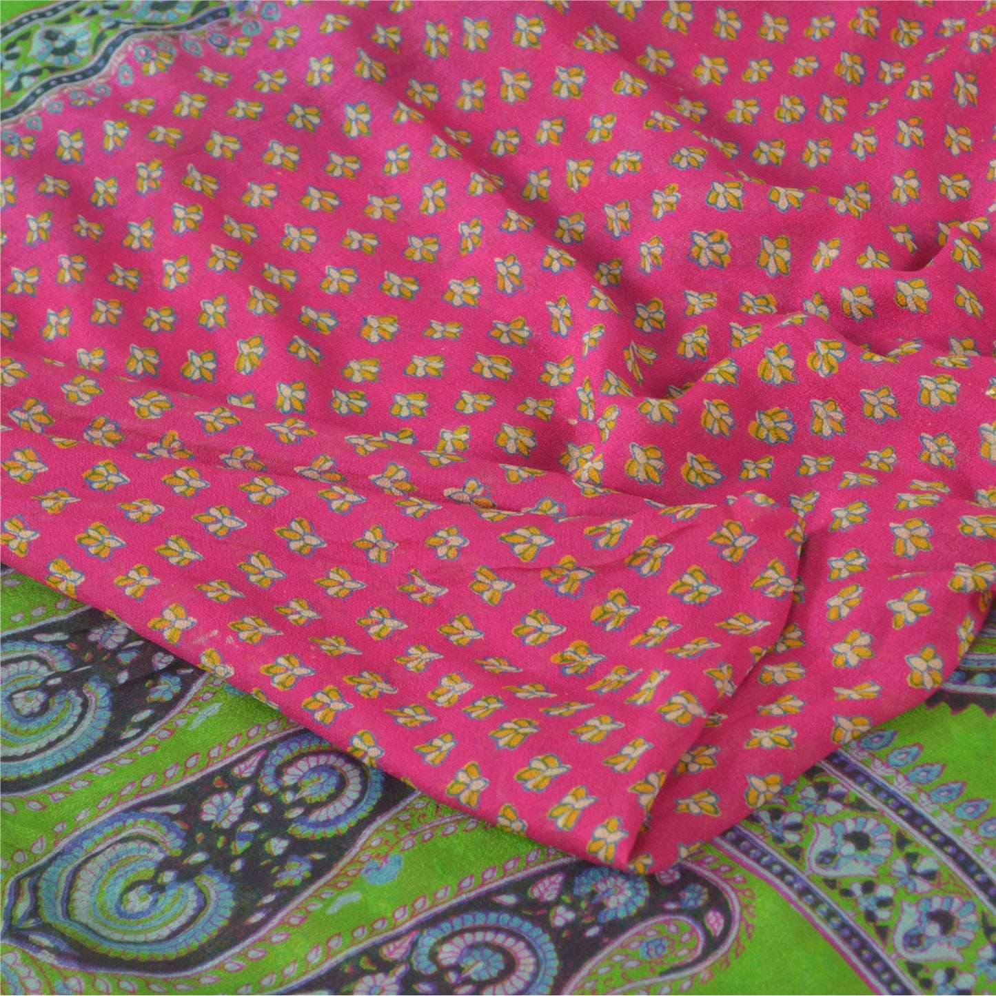 Sanskriti Vintage Sarees Pink/Green 100% Pure Silk Printed Sari 5yd Craft Fabric