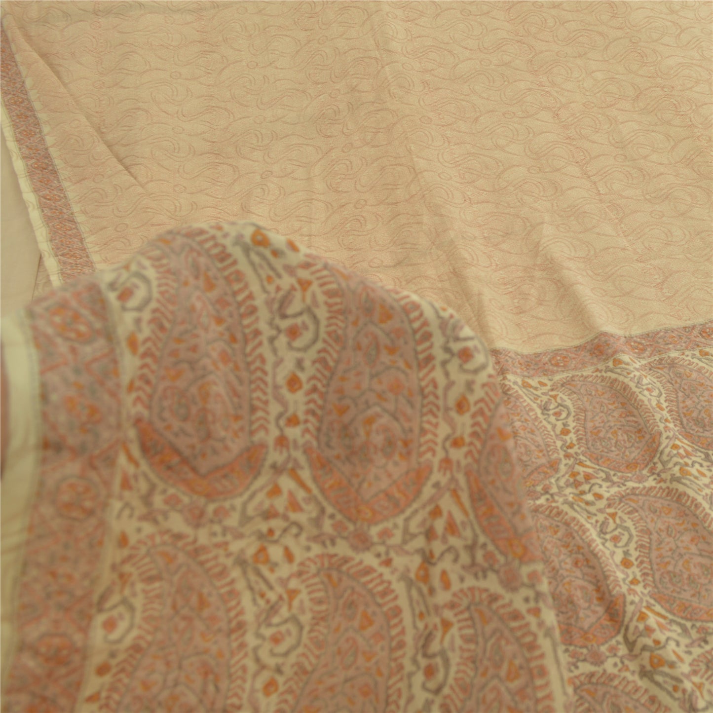 Sanskriti Vintage Sarees Light Brown 100%Pure Silk Printed Sari 5yd Craft Fabric