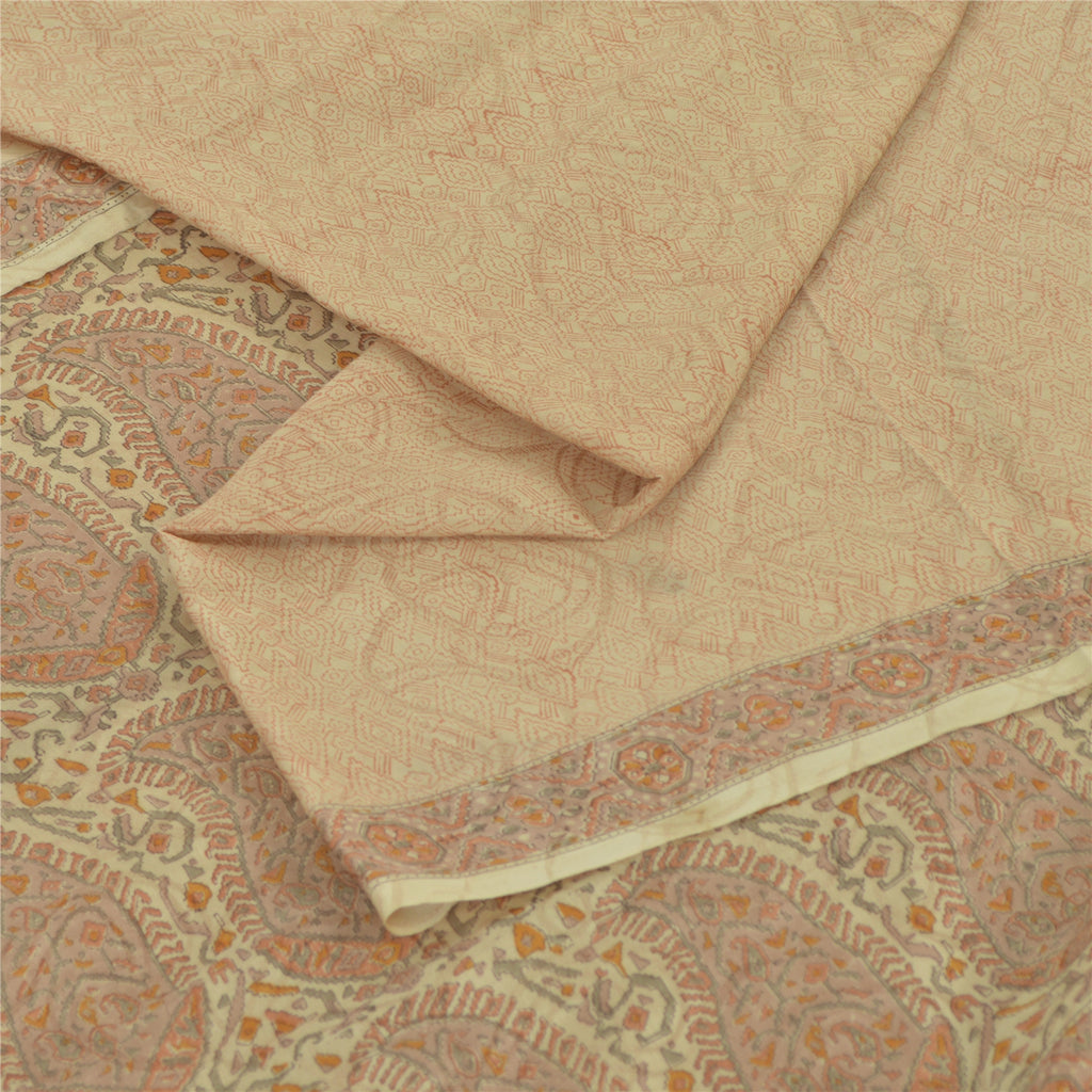 Sanskriti Vintage Sarees Light Brown 100%Pure Silk Printed Sari 5yd Craft Fabric