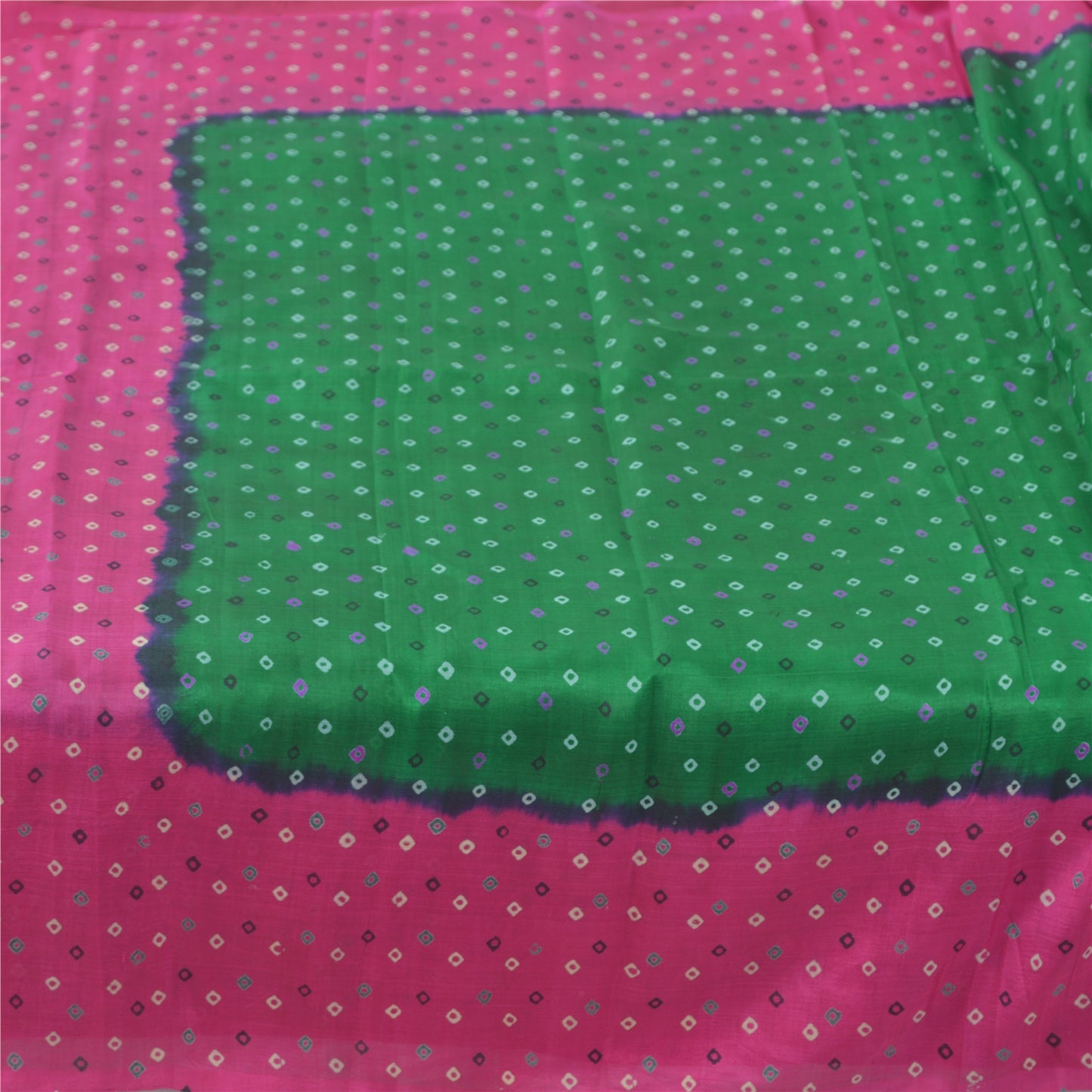 Sanskriti Vintage Sarees Green/Pink Pure Silk Bandhani Printed Sari 5yd Fabric