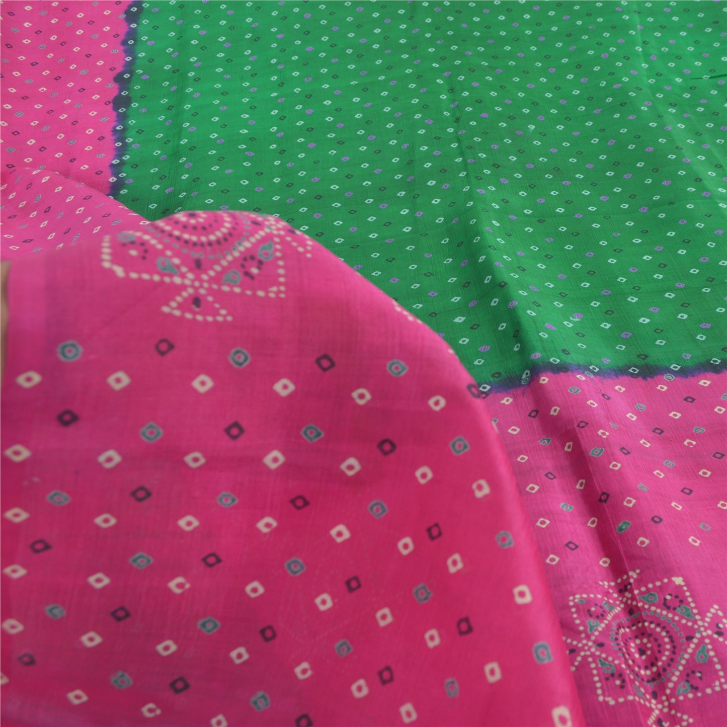 Sanskriti Vintage Sarees Green/Pink Pure Silk Bandhani Printed Sari 5yd Fabric