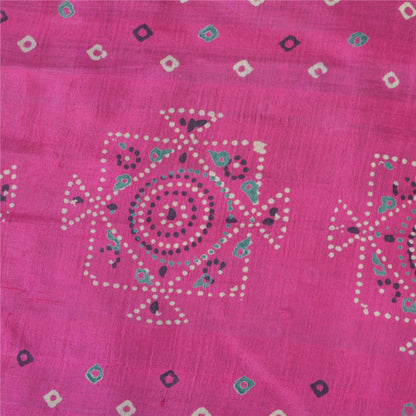 Sanskriti Vintage Sarees Green/Pink Pure Silk Bandhani Printed Sari 5yd Fabric