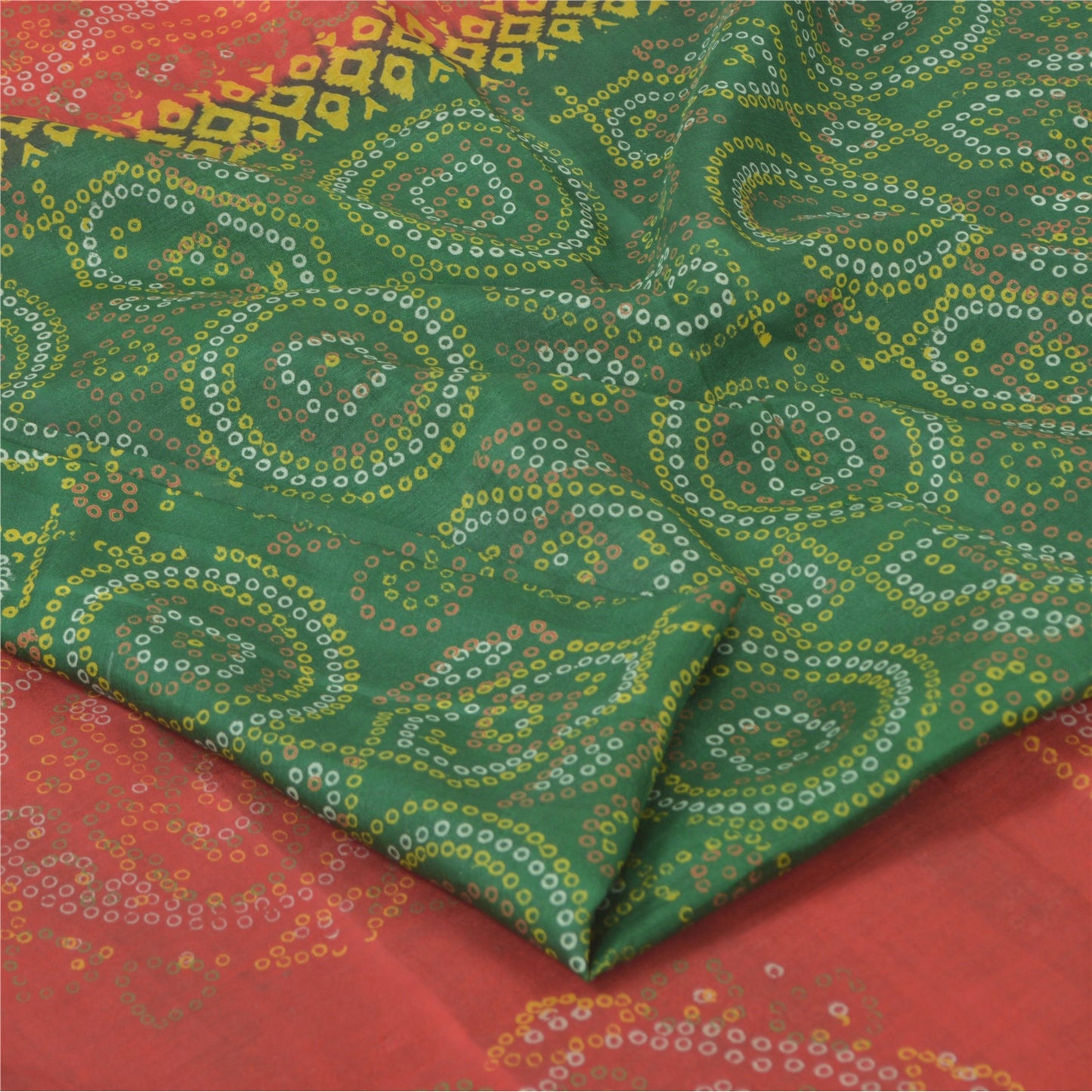 Sanskriti Vintage Sarees Green/Red Pure Silk Bandhani Printed Sari 5yd Fabric