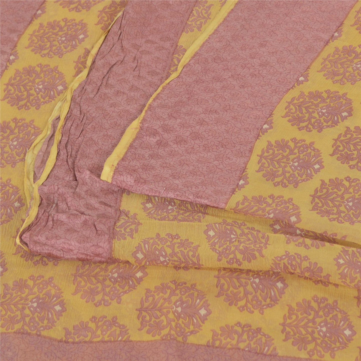 Sanskriti Vintage Sarees Yellow/Pink Blend Chiffon Printed Sari 5yd Craft Fabric