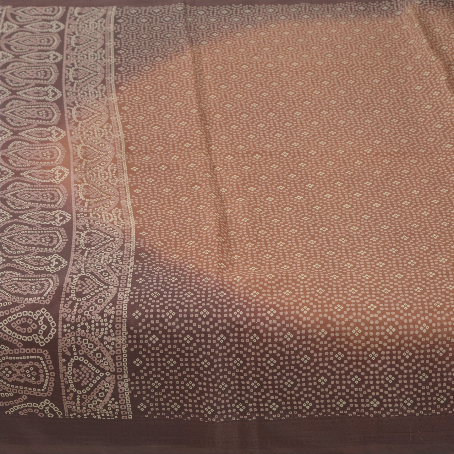 Sanskriti Vintage Sarees Brown Pure Silk Bandhani Print Sari 6yd Craft Fabric